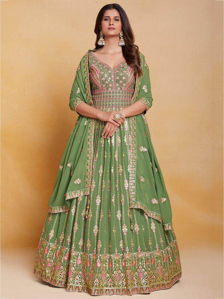 Attractive Green Sequins Georgette Reception Wear Gown With Dupatta - Zeel Clothing