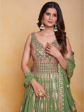 Attractive Green Sequins Georgette Reception Wear Gown With Dupatta - Zeel Clothing