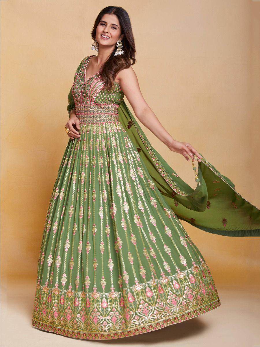 Attractive Green Sequins Georgette Reception Wear Gown With Dupatta - Zeel Clothing