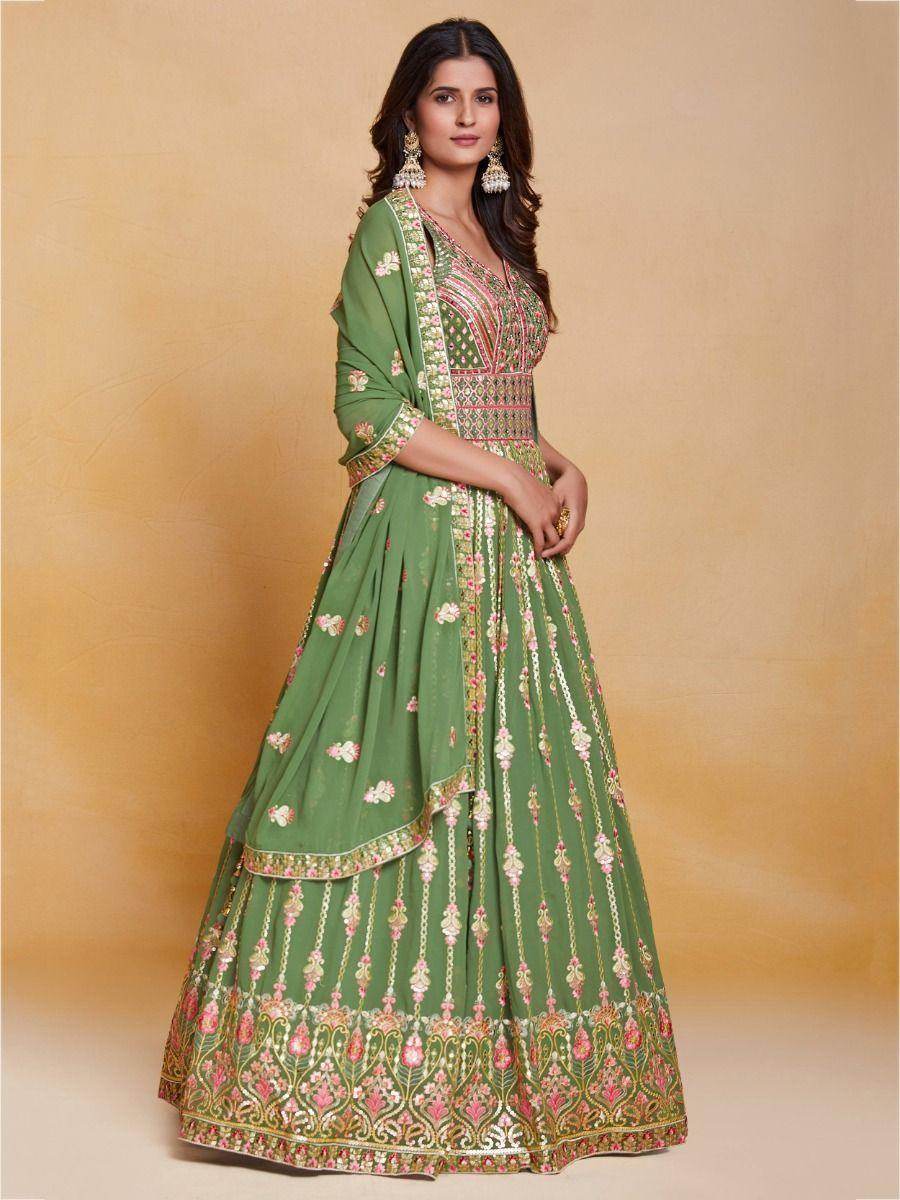Attractive Green Sequins Georgette Reception Wear Gown With Dupatta - Zeel Clothing