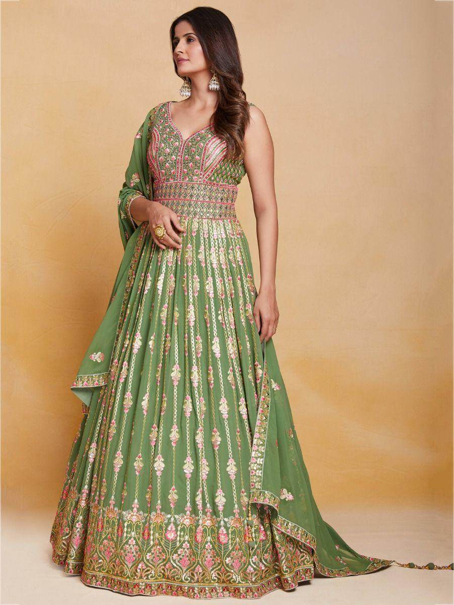 Attractive Green Sequins Georgette Reception Wear Gown With Dupatta - Zeel Clothing