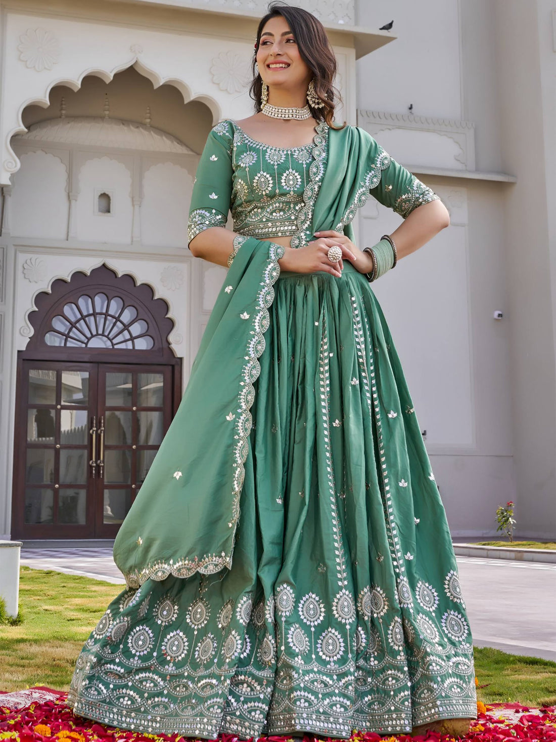 Attractive Green Sequins Silk Wedding Wear Lehenga Choli With Dupatta
