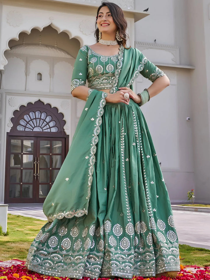 Attractive Green Sequins Silk Wedding Wear Lehenga Choli With Dupatta