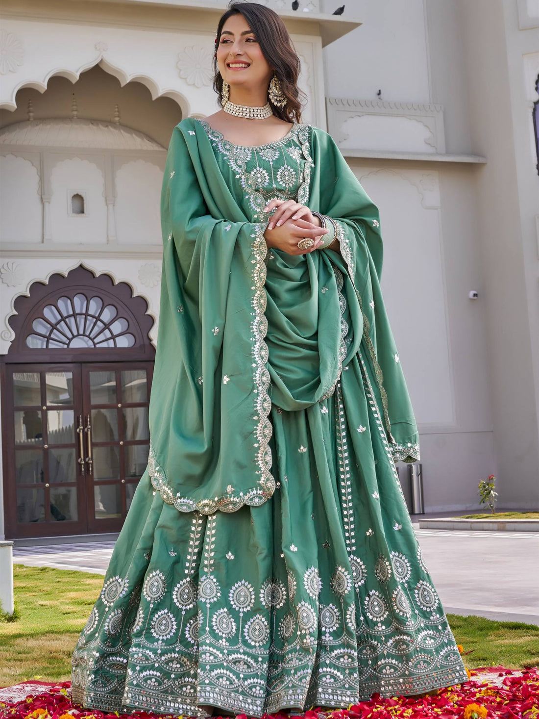 Attractive Green Sequins Silk Wedding Wear Lehenga Choli With Dupatta