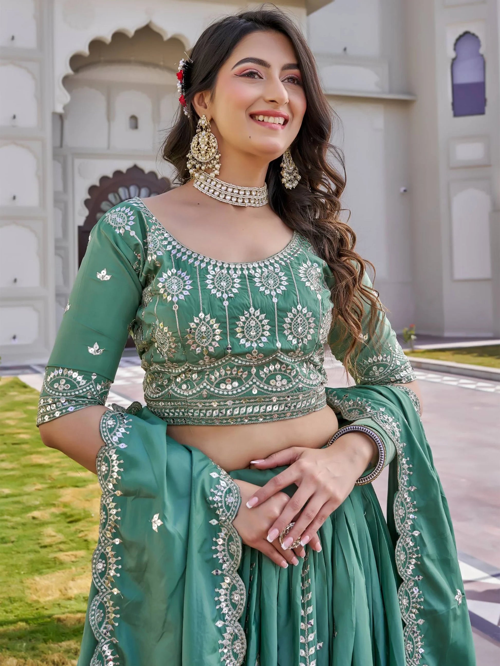Attractive Green Sequins Silk Wedding Wear Lehenga Choli With Dupatta