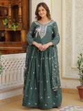 Attractive Green Sequins Work Georgette Mehendi Wear Gown With Dupatta - Zeel Clothing