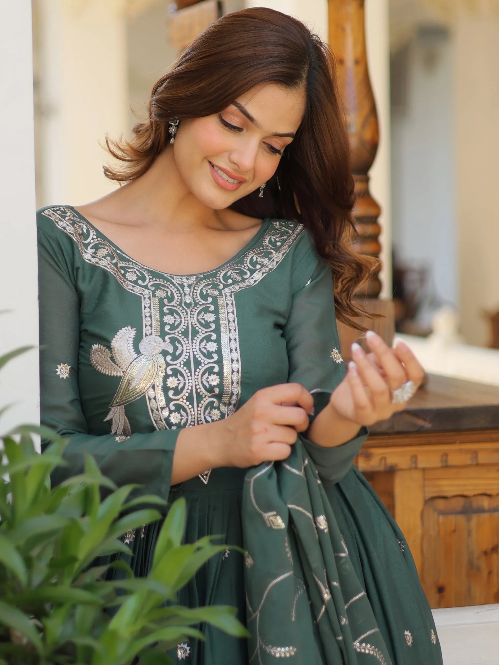 Attractive Green Sequins Work Georgette Mehendi Wear Gown With Dupatta - Zeel Clothing