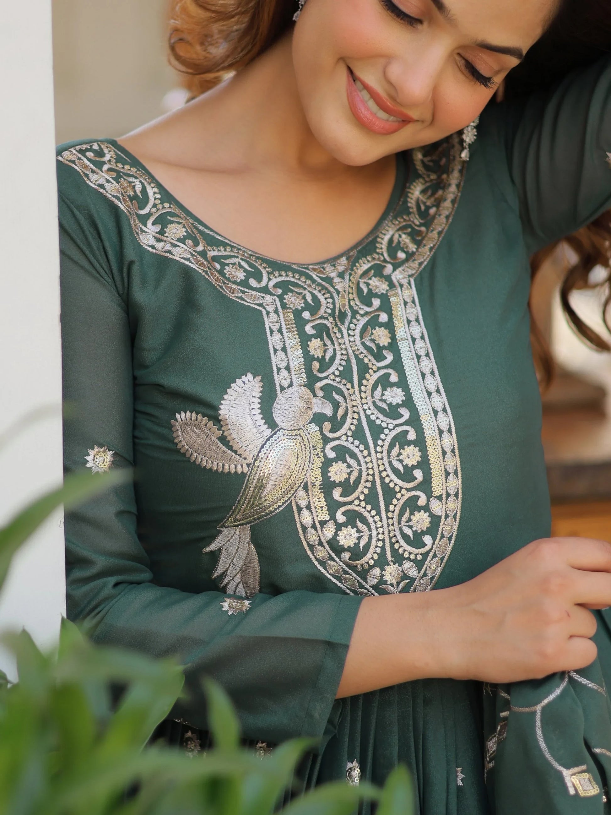 Attractive Green Sequins Work Georgette Mehendi Wear Gown With Dupatta - Zeel Clothing