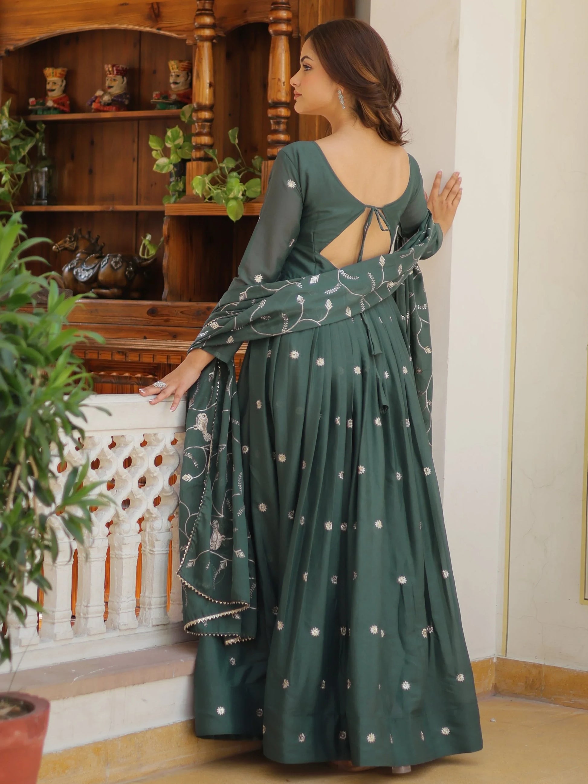 Attractive Green Sequins Work Georgette Mehendi Wear Gown With Dupatta - Zeel Clothing