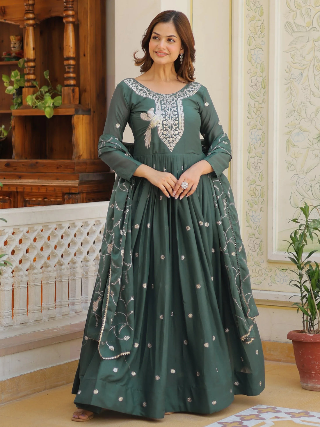 Attractive Green Sequins Work Georgette Mehendi Wear Gown With Dupatta - Zeel Clothing