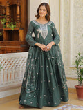 Attractive Green Sequins Work Georgette Mehendi Wear Gown With Dupatta - Zeel Clothing