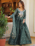 Attractive Green Sequins Work Georgette Mehendi Wear Gown With Dupatta - Zeel Clothing