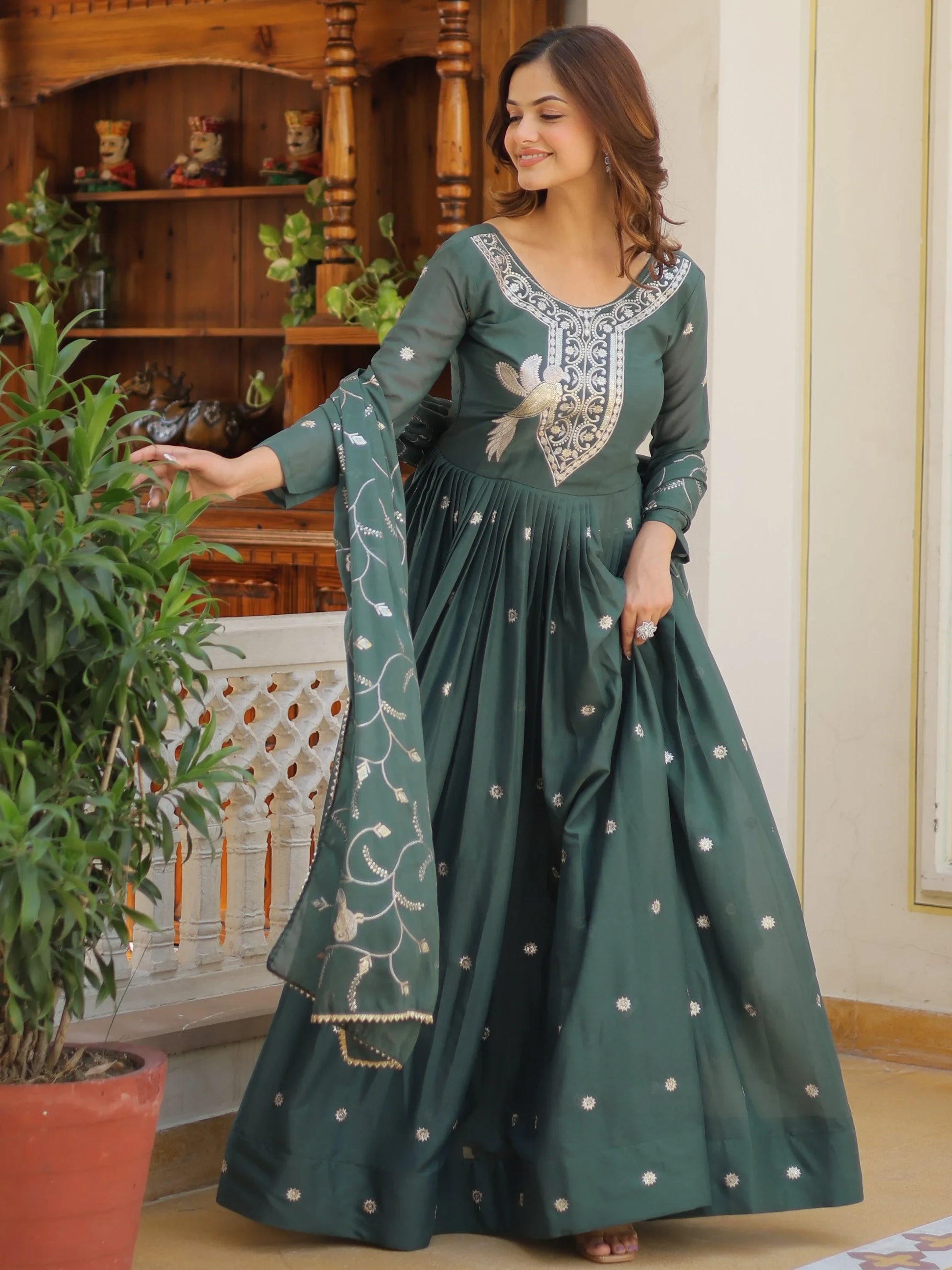 Attractive Green Sequins Work Georgette Mehendi Wear Gown With Dupatta - Zeel Clothing