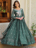 Attractive Green Sequins Work Georgette Mehendi Wear Gown With Dupatta - Zeel Clothing