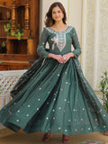 Attractive Green Sequins Work Georgette Mehendi Wear Gown With Dupatta - Zeel Clothing