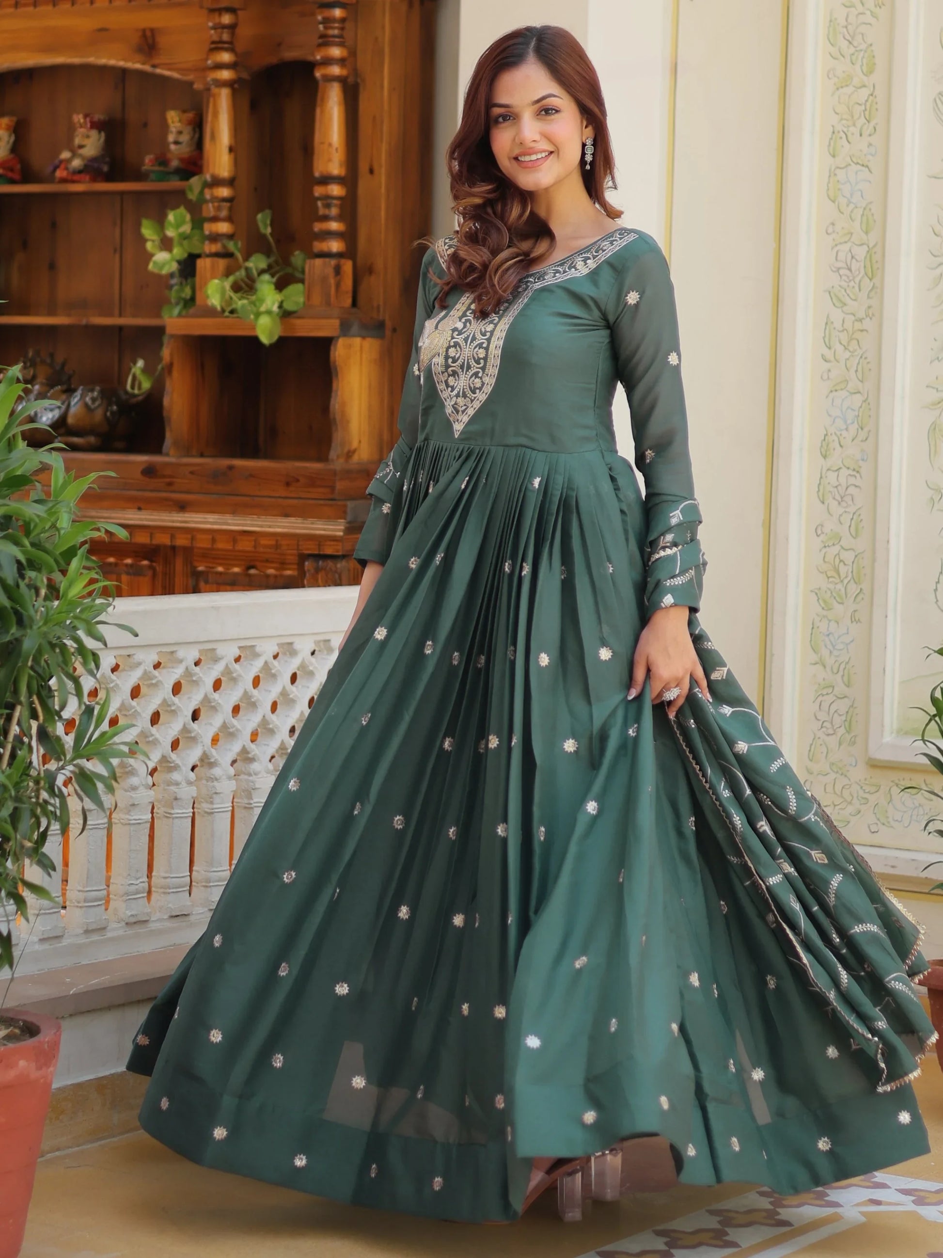Attractive Green Sequins Work Georgette Mehendi Wear Gown With Dupatta - Zeel Clothing