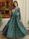 Attractive Green Sequins Work Georgette Mehendi Wear Gown With Dupatta - Zeel Clothing