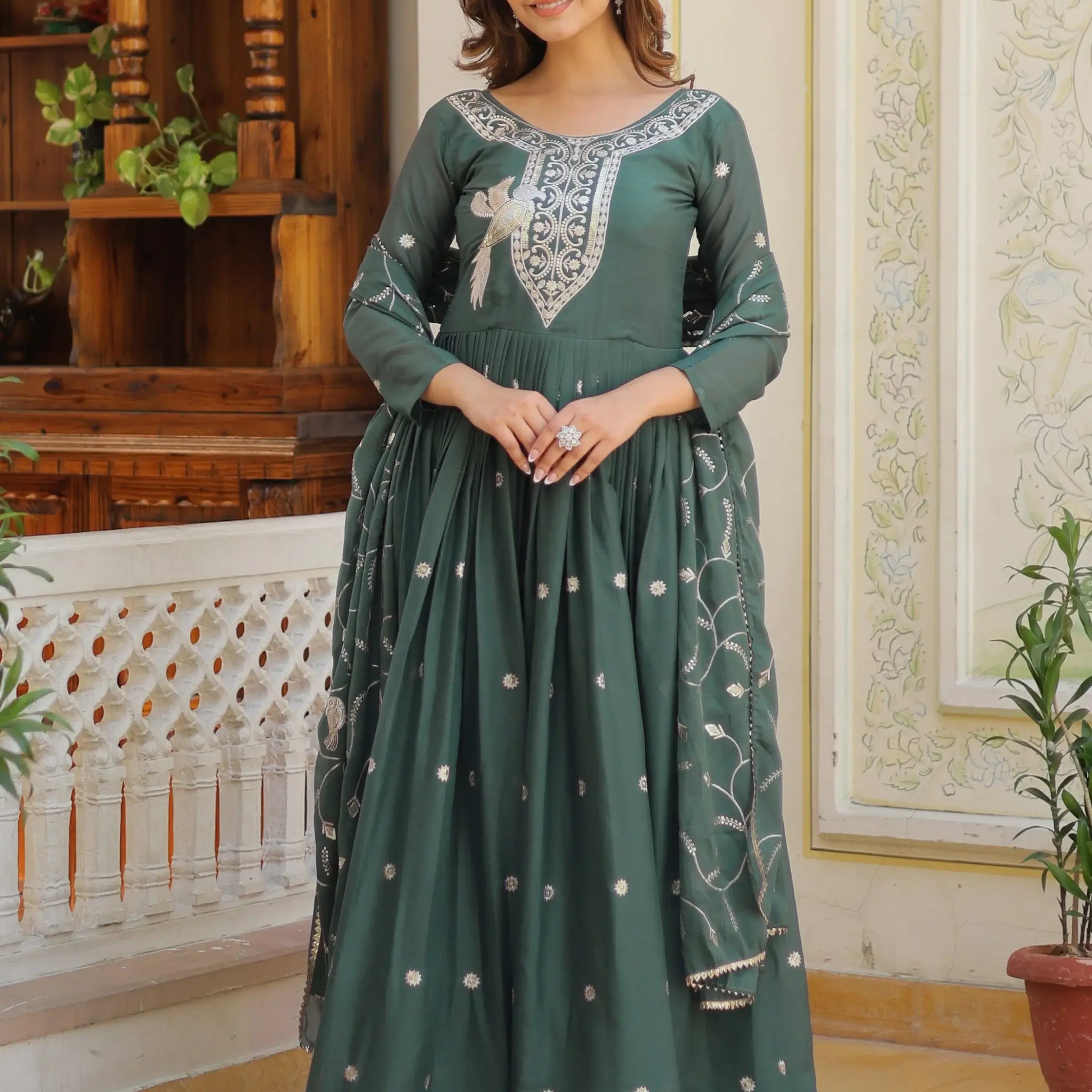 Attractive Green Sequins Work Georgette Mehendi Wear Gown With Dupatta - Zeel Clothing