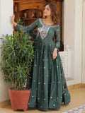 Attractive Green Sequins Work Georgette Mehendi Wear Gown With Dupatta - Zeel Clothing
