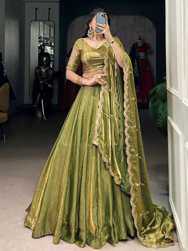 Attractive Green Sequins Work Organza Mehendi Wear Lehenga With Choli - Zeel Clothing