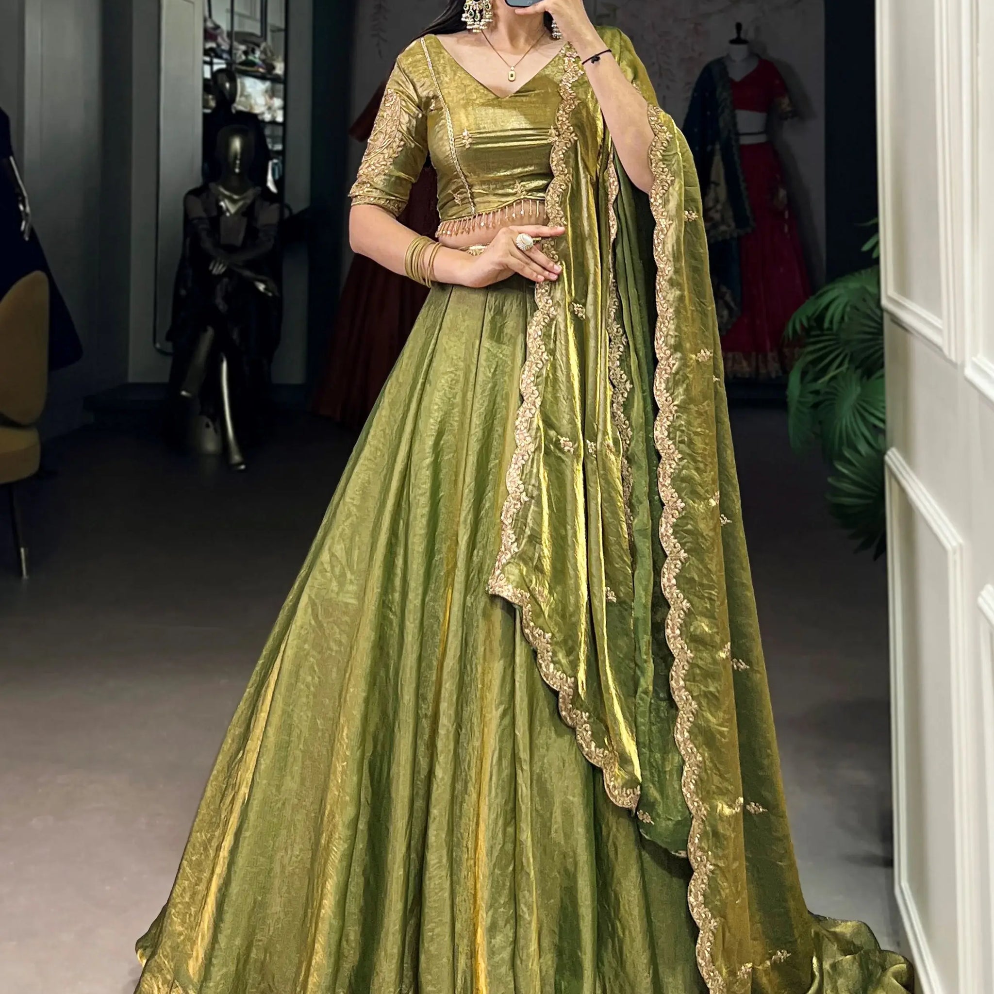 Attractive Green Sequins Work Organza Mehendi Wear Lehenga With Choli - Zeel Clothing