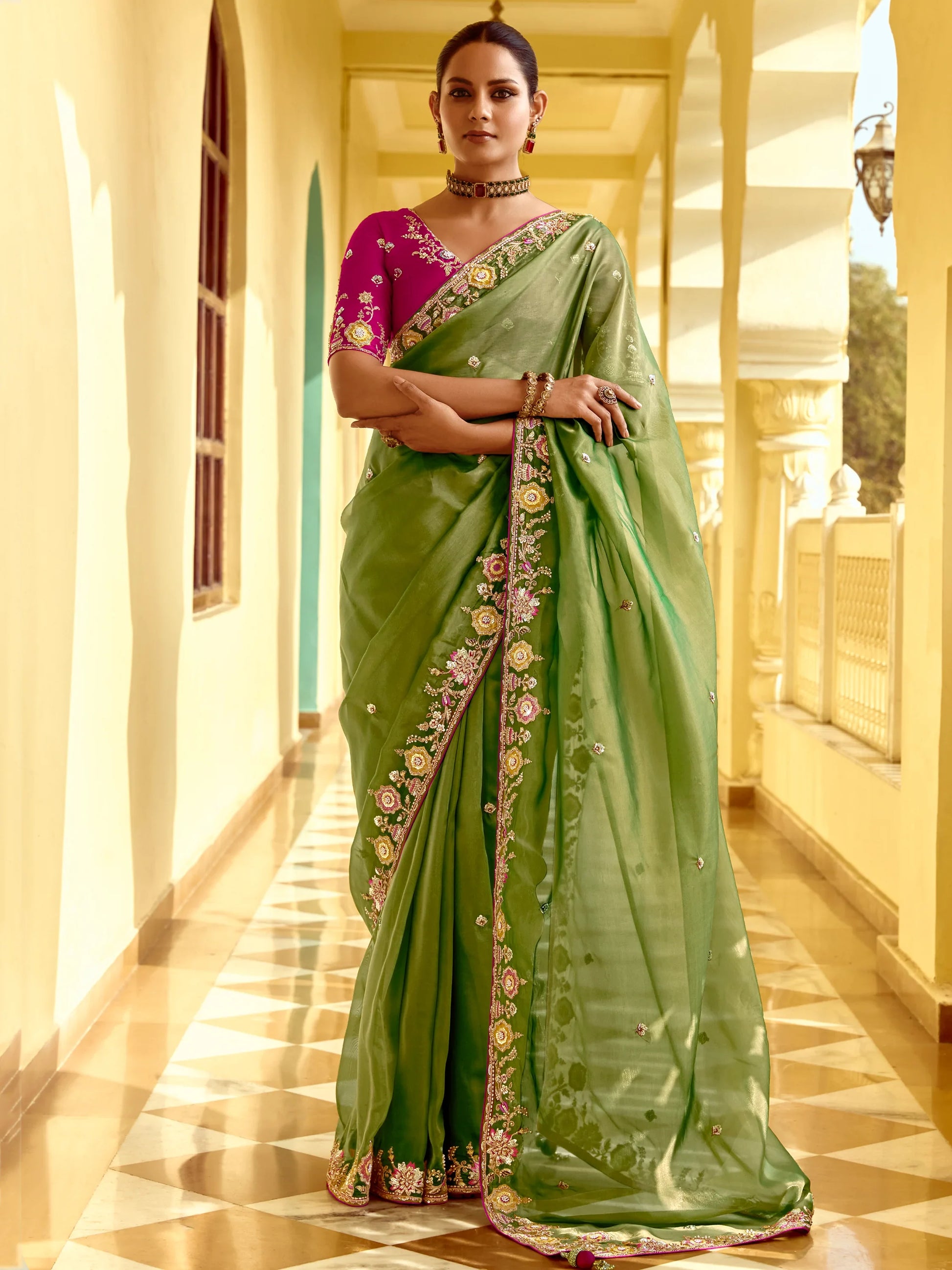 Attractive Green Thread Work Organza Silk Wedding Wear Saree With Blouse - Zeel Clothing