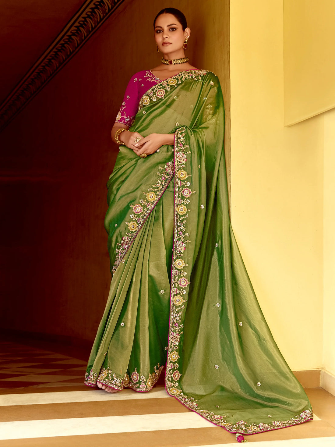 Attractive Green Thread Work Organza Silk Wedding Wear Saree With Blouse - Zeel Clothing