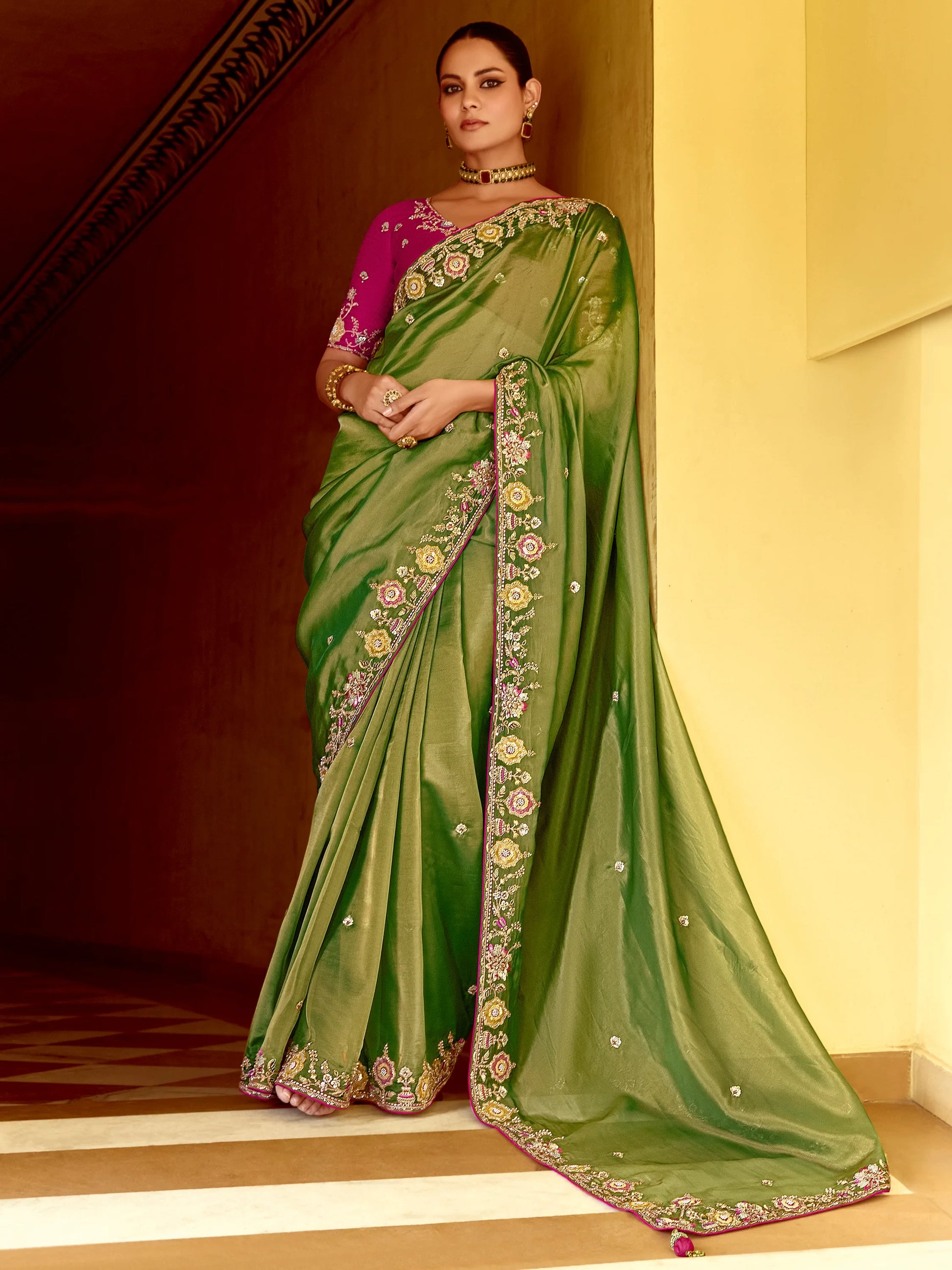Attractive Green Thread Work Organza Silk Wedding Wear Saree With Blouse - Zeel Clothing