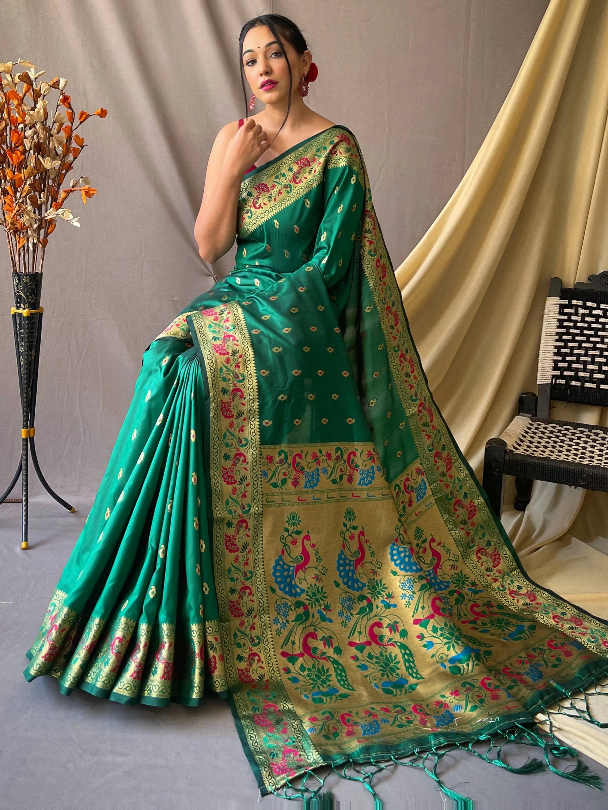 Attractive Green Woven Paithani Silk Wedding Wear Saree With Blouse - Zeel Clothing
