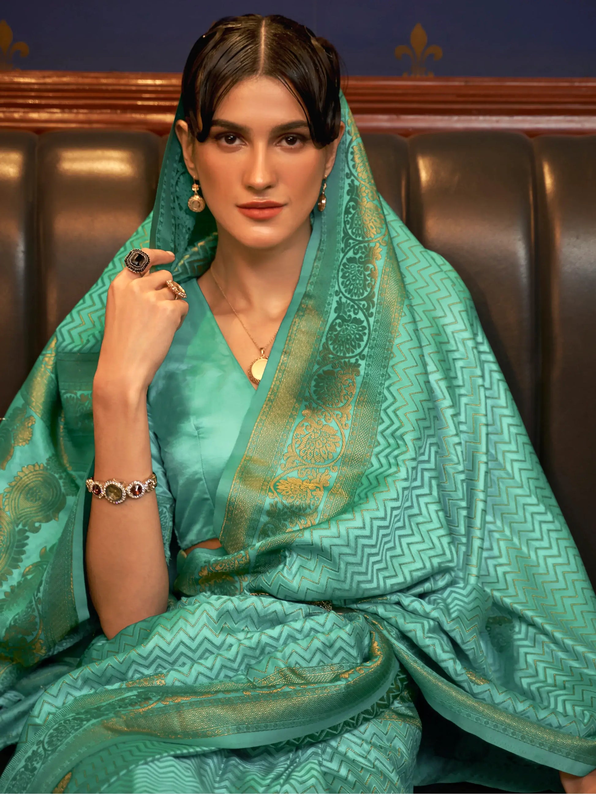 Attractive Green Zari Weaving Satin Sangeet Wear Saree With Blouse - Zeel Clothing