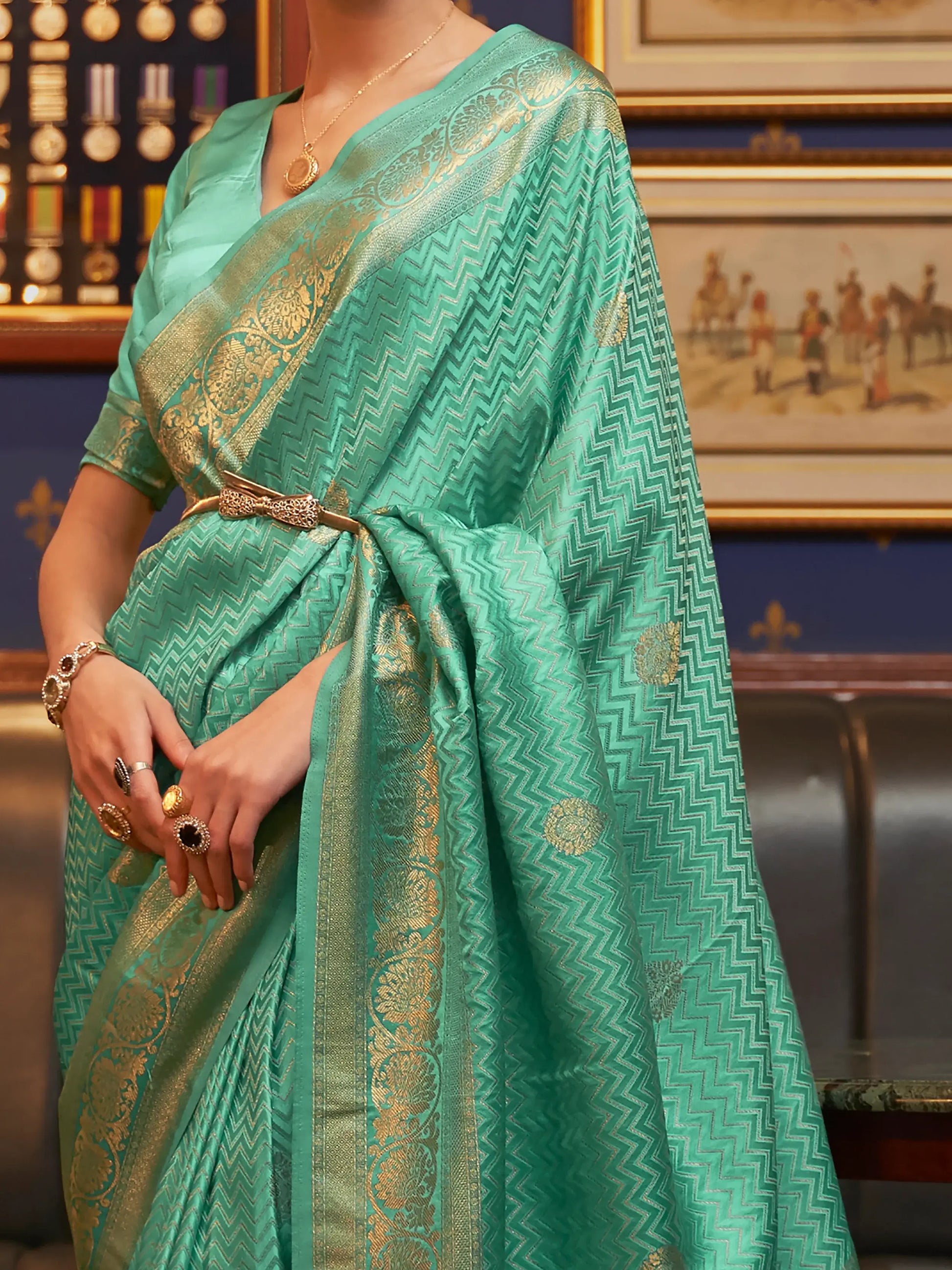 Attractive Green Zari Weaving Satin Sangeet Wear Saree With Blouse - Zeel Clothing