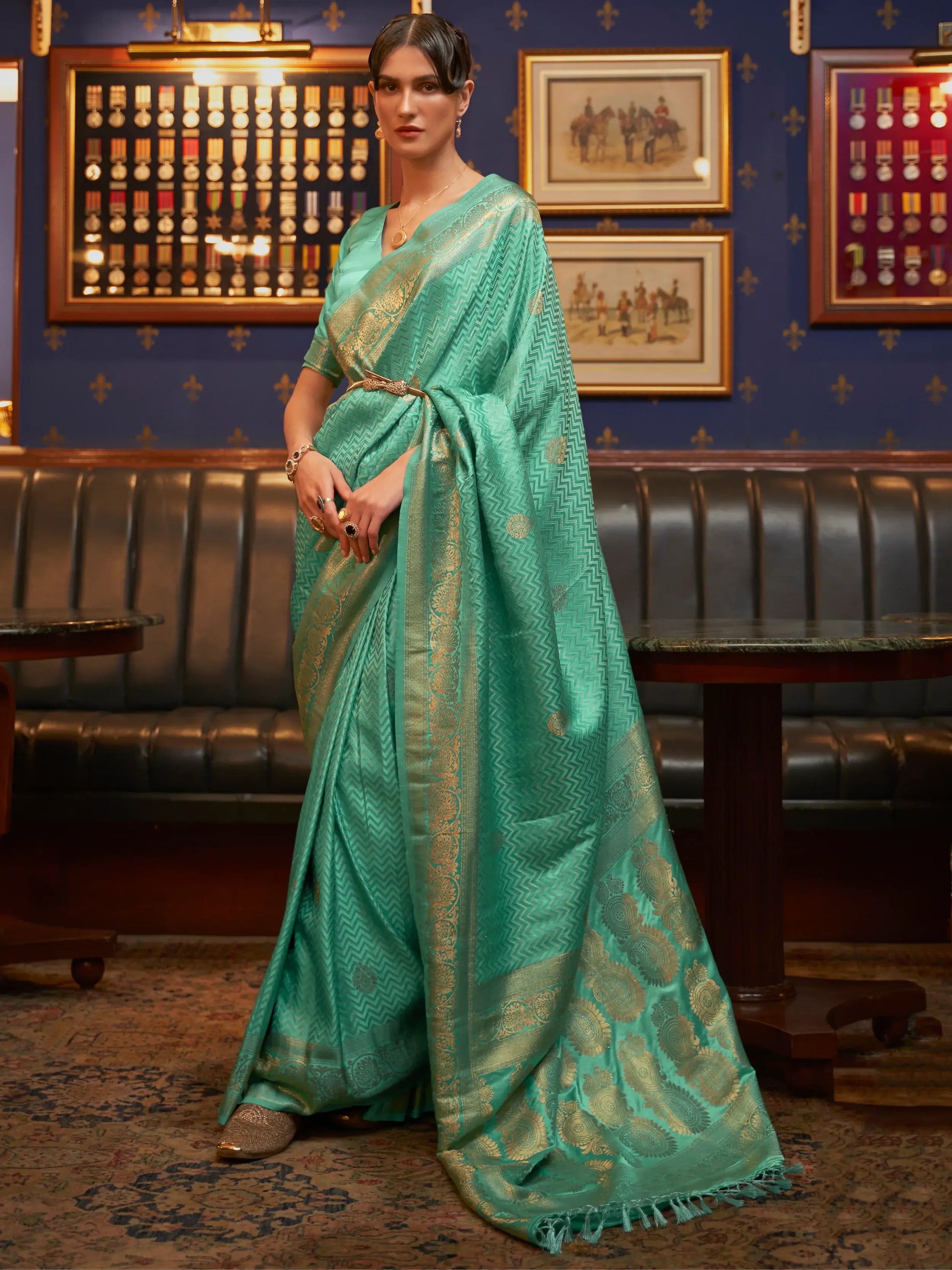 Attractive Green Zari Weaving Satin Sangeet Wear Saree With Blouse - Zeel Clothing