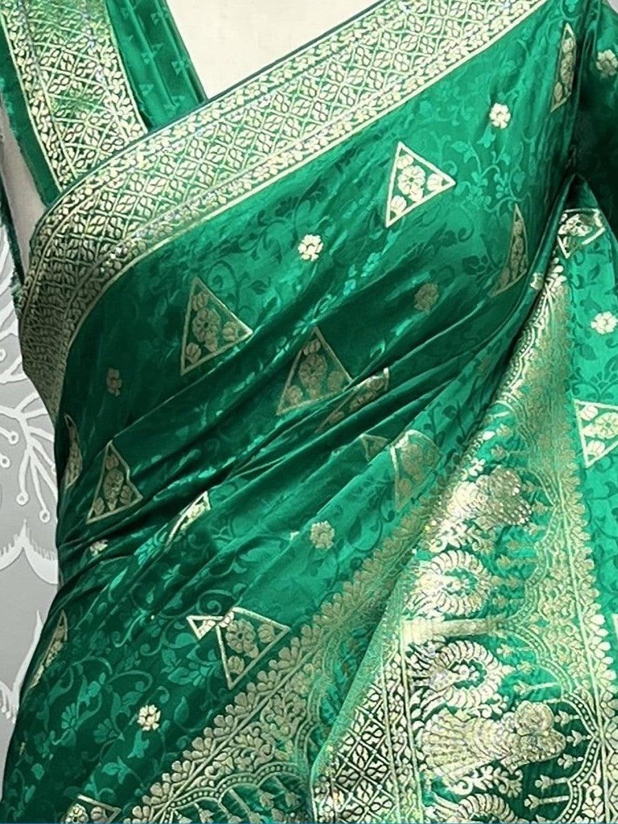 Attractive Green Zari Weaving Silk Sangeet Wear Saree With Blouse