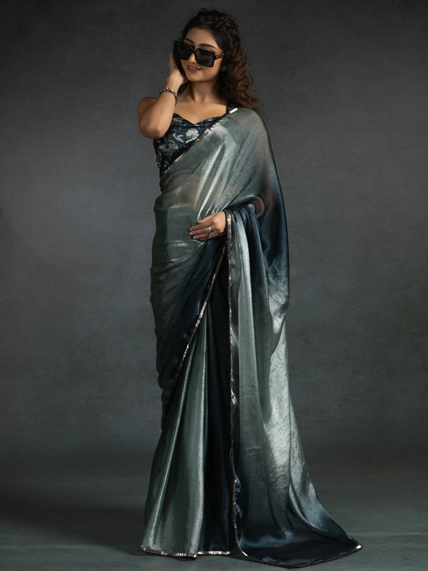 Attractive Grey & Blue Satin Designer Pre-Stitched Saree With Blouse - Zeel Clothing