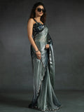 Attractive Grey & Blue Satin Designer Pre-Stitched Saree With Blouse - Zeel Clothing