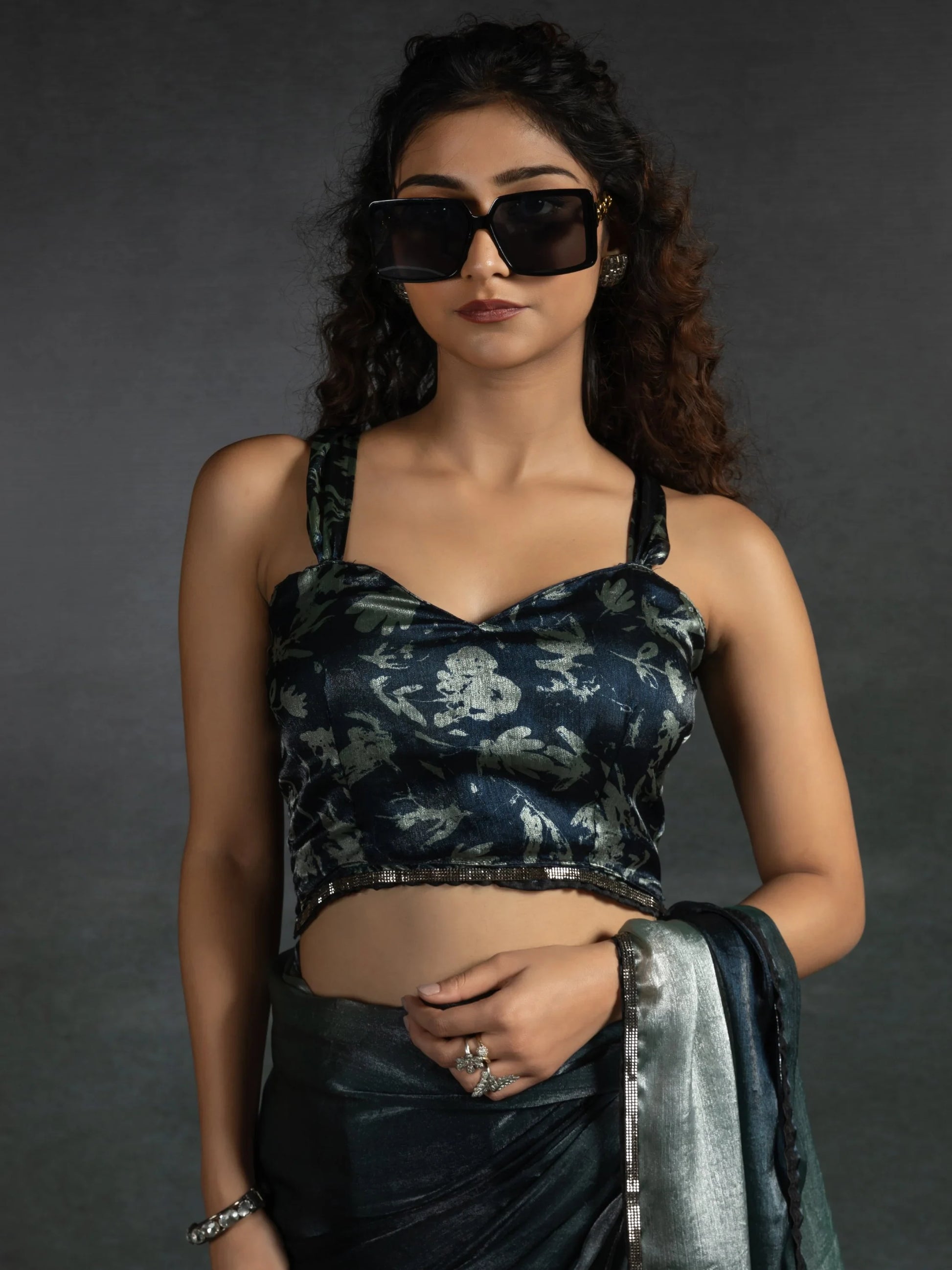 Attractive Grey & Blue Satin Designer Pre-Stitched Saree With Blouse - Zeel Clothing