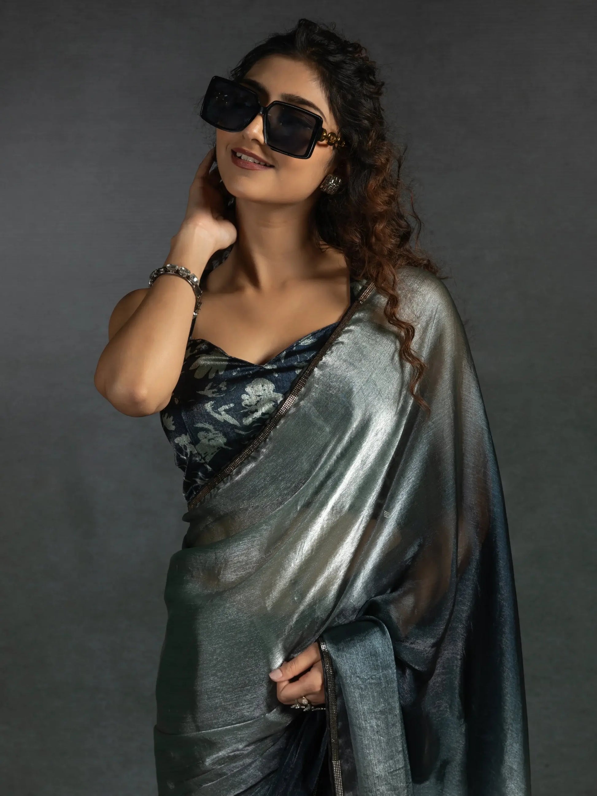 Attractive Grey & Blue Satin Designer Pre-Stitched Saree With Blouse - Zeel Clothing