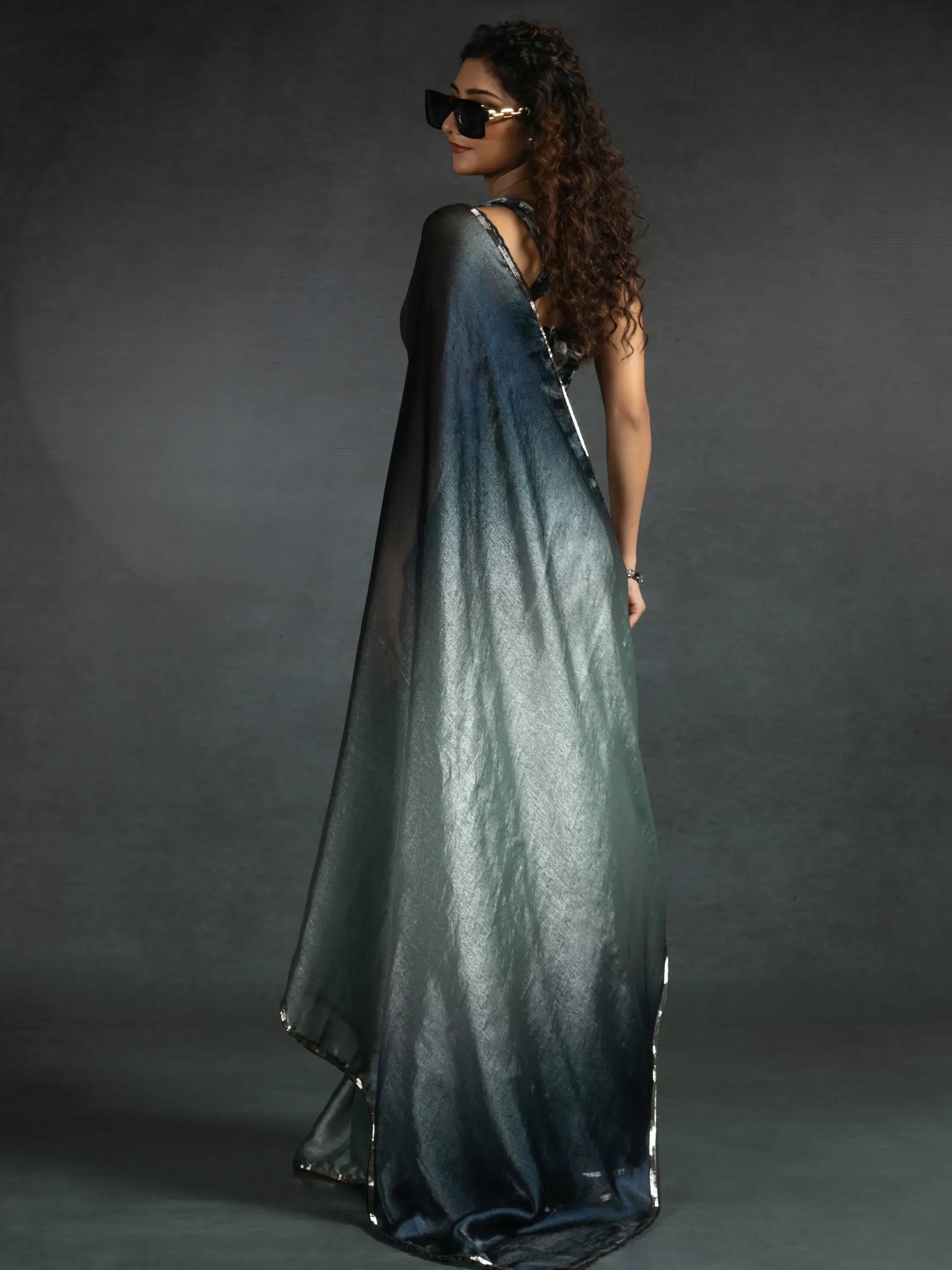 Attractive Grey & Blue Satin Designer Pre-Stitched Saree With Blouse - Zeel Clothing