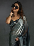 Attractive Grey & Blue Satin Designer Pre-Stitched Saree With Blouse - Zeel Clothing