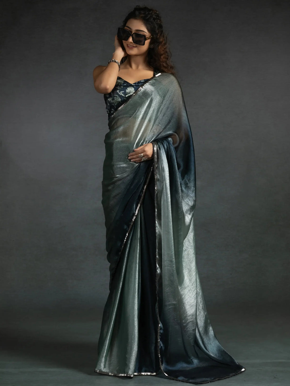 Attractive Grey & Blue Satin Designer Pre-Stitched Saree With Blouse - Zeel Clothing