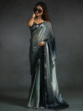 Attractive Grey & Blue Satin Designer Pre-Stitched Saree With Blouse - Zeel Clothing