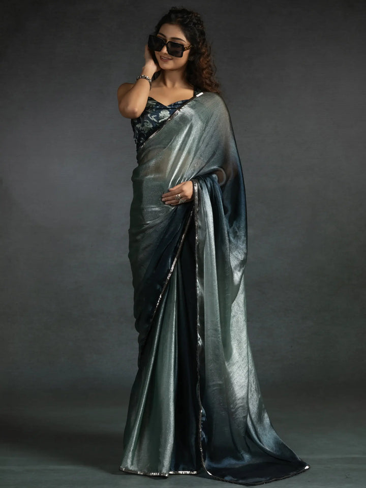 Attractive Grey & Blue Satin Designer Pre-Stitched Saree With Blouse - Zeel Clothing