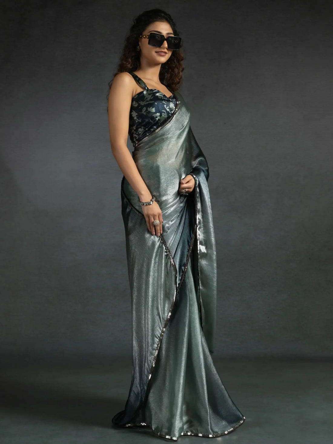 Attractive Grey & Blue Satin Designer Pre-Stitched Saree With Blouse - Zeel Clothing