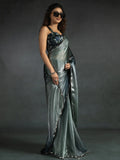 Attractive Grey & Blue Satin Designer Pre-Stitched Saree With Blouse - Zeel Clothing