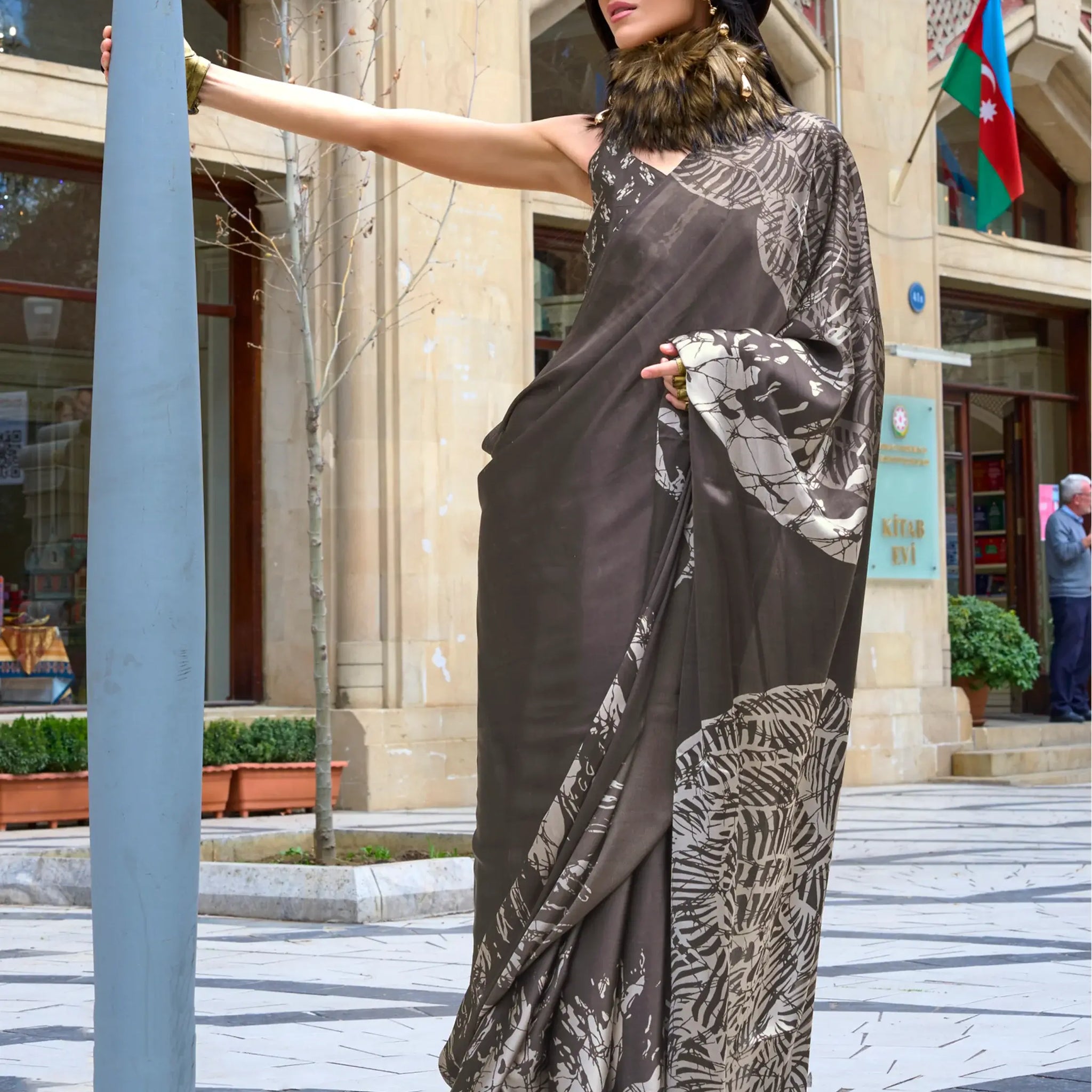 Attractive Grey Digital Printed Satin Festival Wear Saree With Blouse - Zeel Clothing