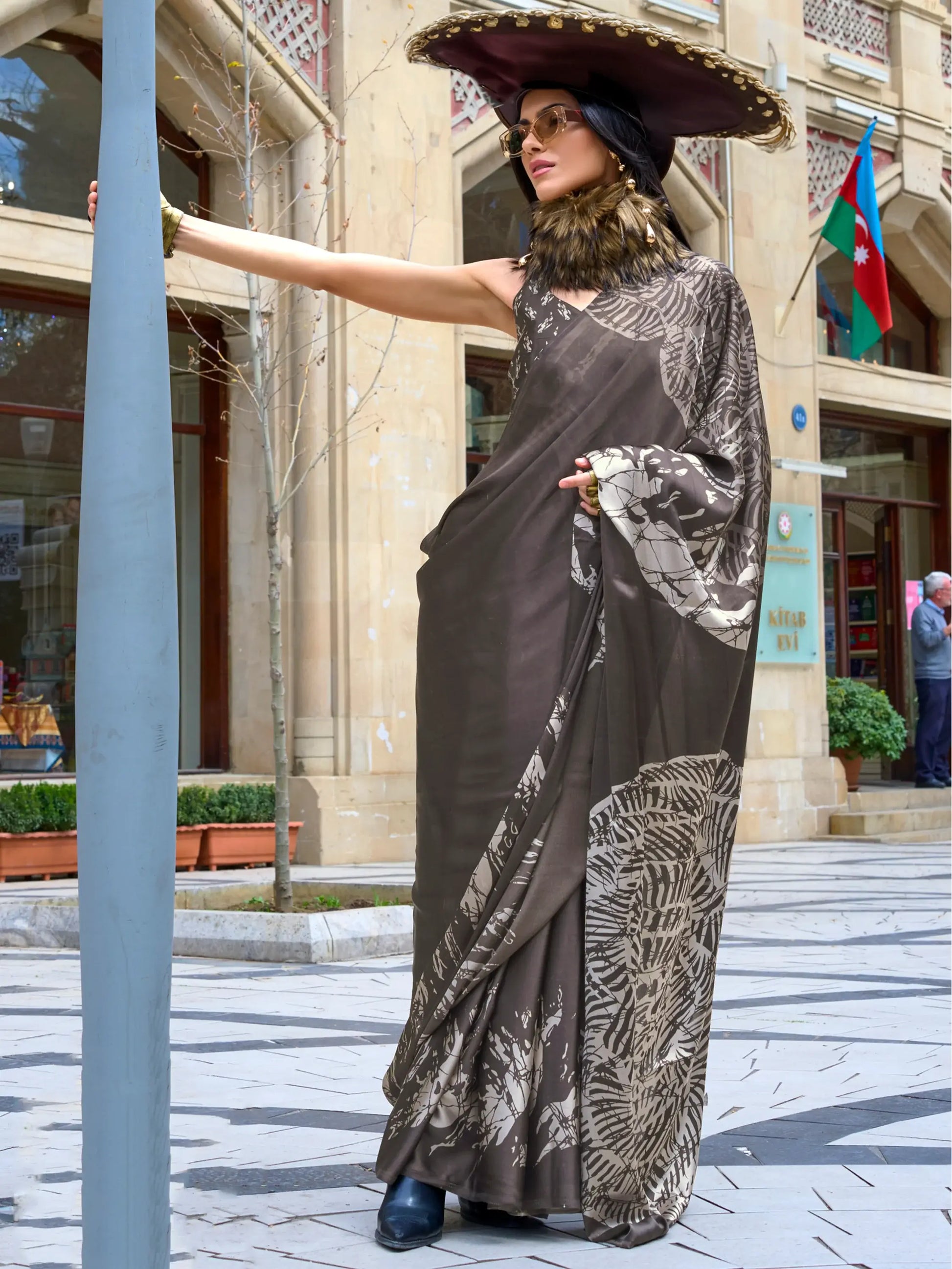 Attractive Grey Digital Printed Satin Festival Wear Saree With Blouse - Zeel Clothing