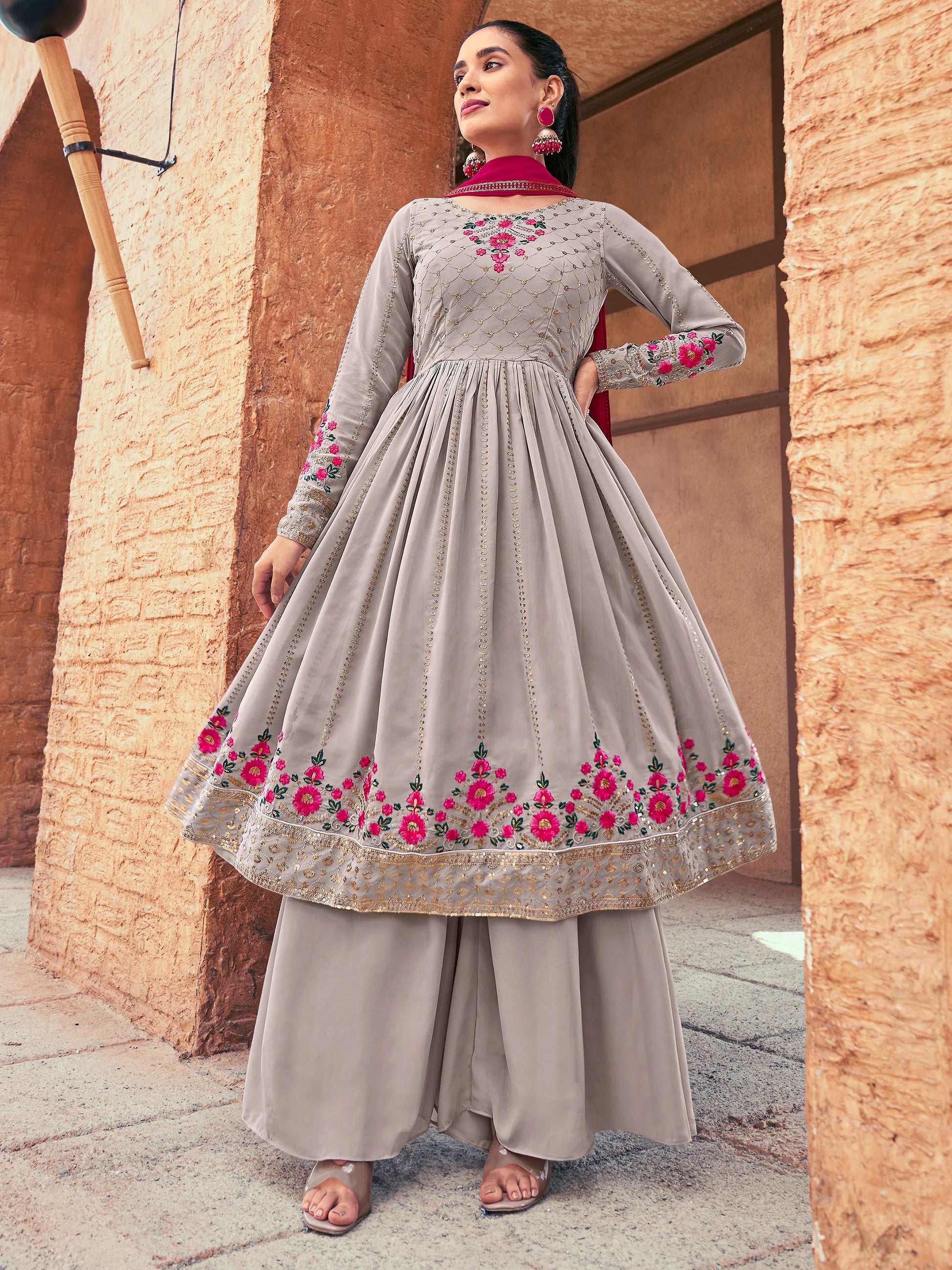 Attractive Grey Embroidered Georgette Readymade Palazzo Suit - Zeel Clothing