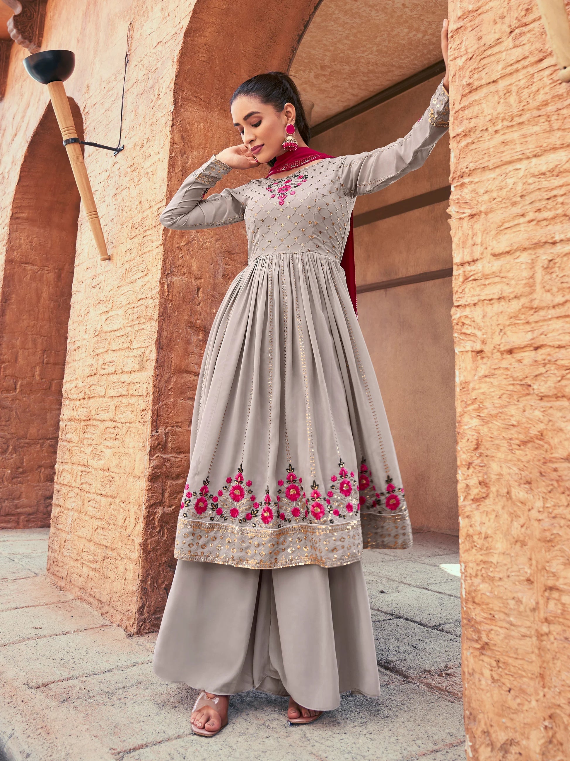 Attractive Grey Embroidered Georgette Readymade Palazzo Suit - Zeel Clothing