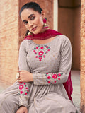 Attractive Grey Embroidered Georgette Readymade Palazzo Suit - Zeel Clothing