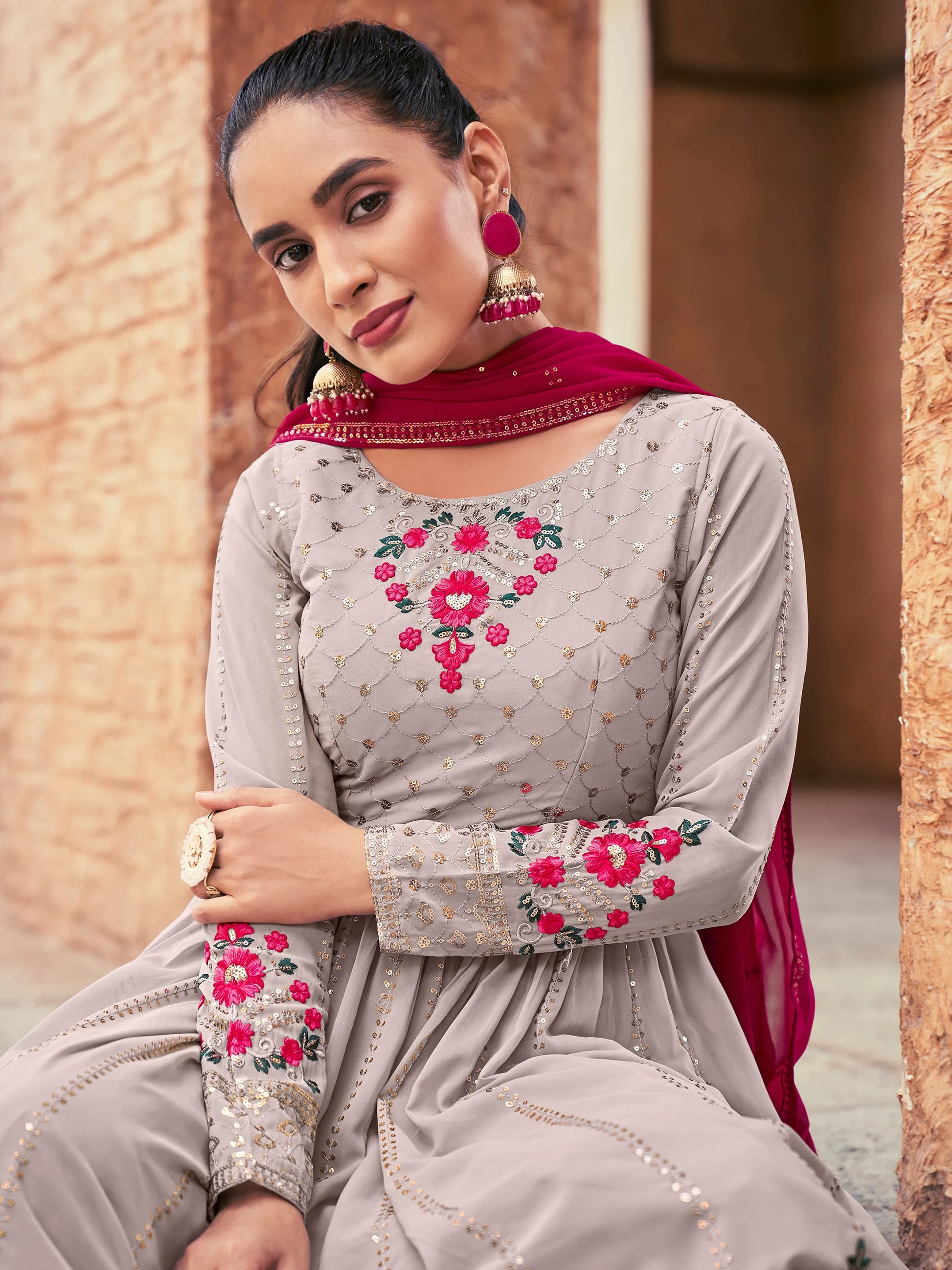 Attractive Grey Embroidered Georgette Readymade Palazzo Suit - Zeel Clothing